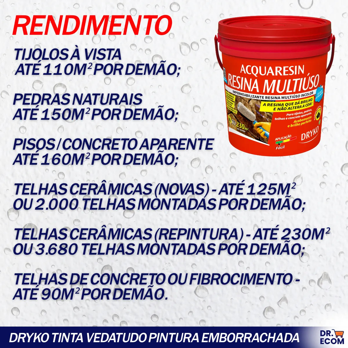 Resina Acrílica Multiuso Base D'agua Impermeabilizante 18kg Rende 230m2 Acquaresin Dryko Não Amarela Ambiente Interno E Externo, Secagem Rapida, Leve Brilho