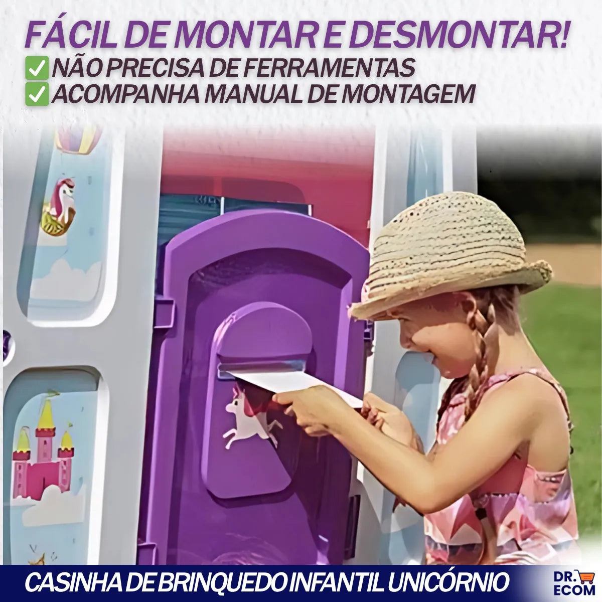 Casinha De Brinquedo Infantil Unicórnio Com Duas Janelas Laterais Que Abrem E Fecham 2 Portas