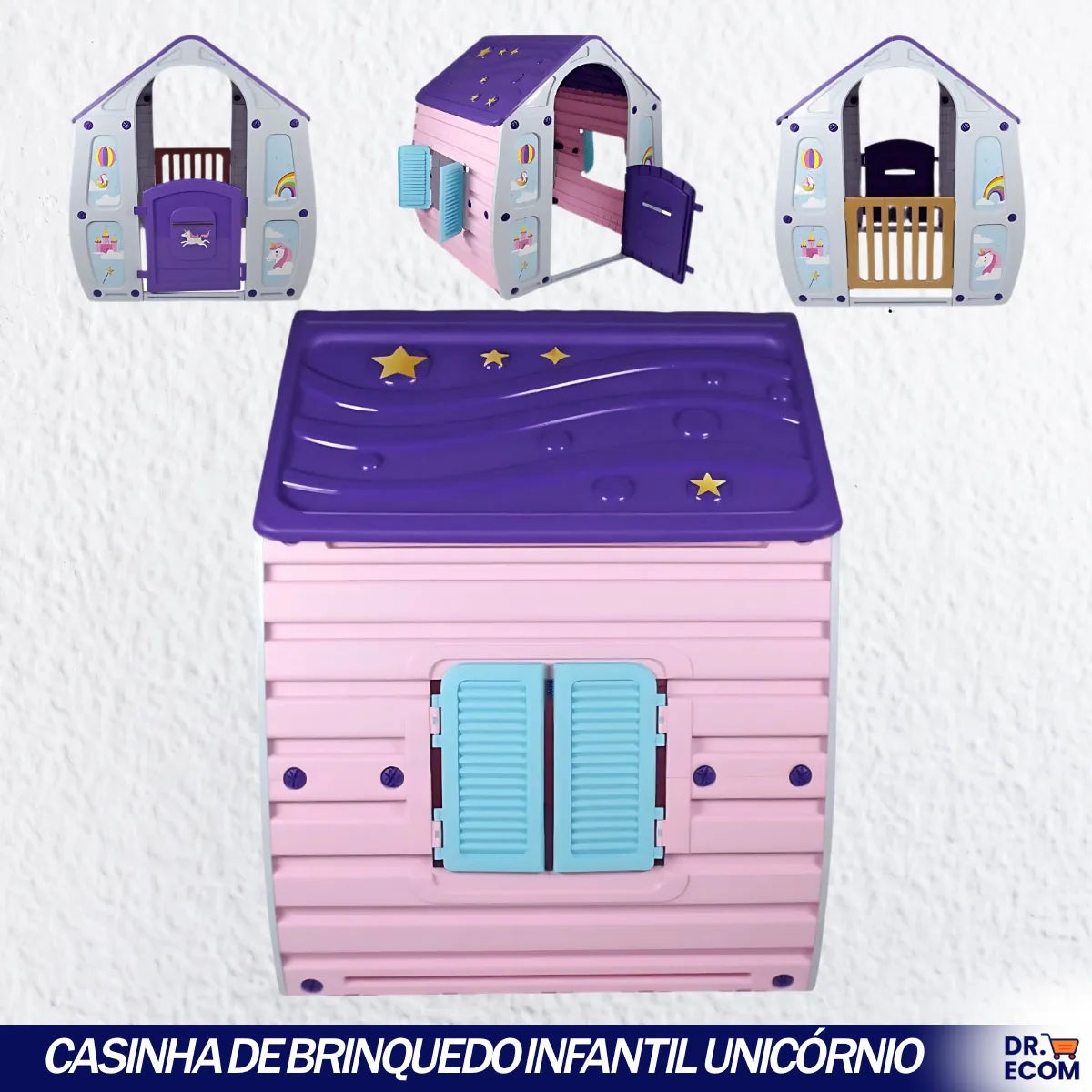 Casinha De Brinquedo Infantil Unicórnio Com Duas Janelas Laterais Que Abrem E Fecham 2 Portas