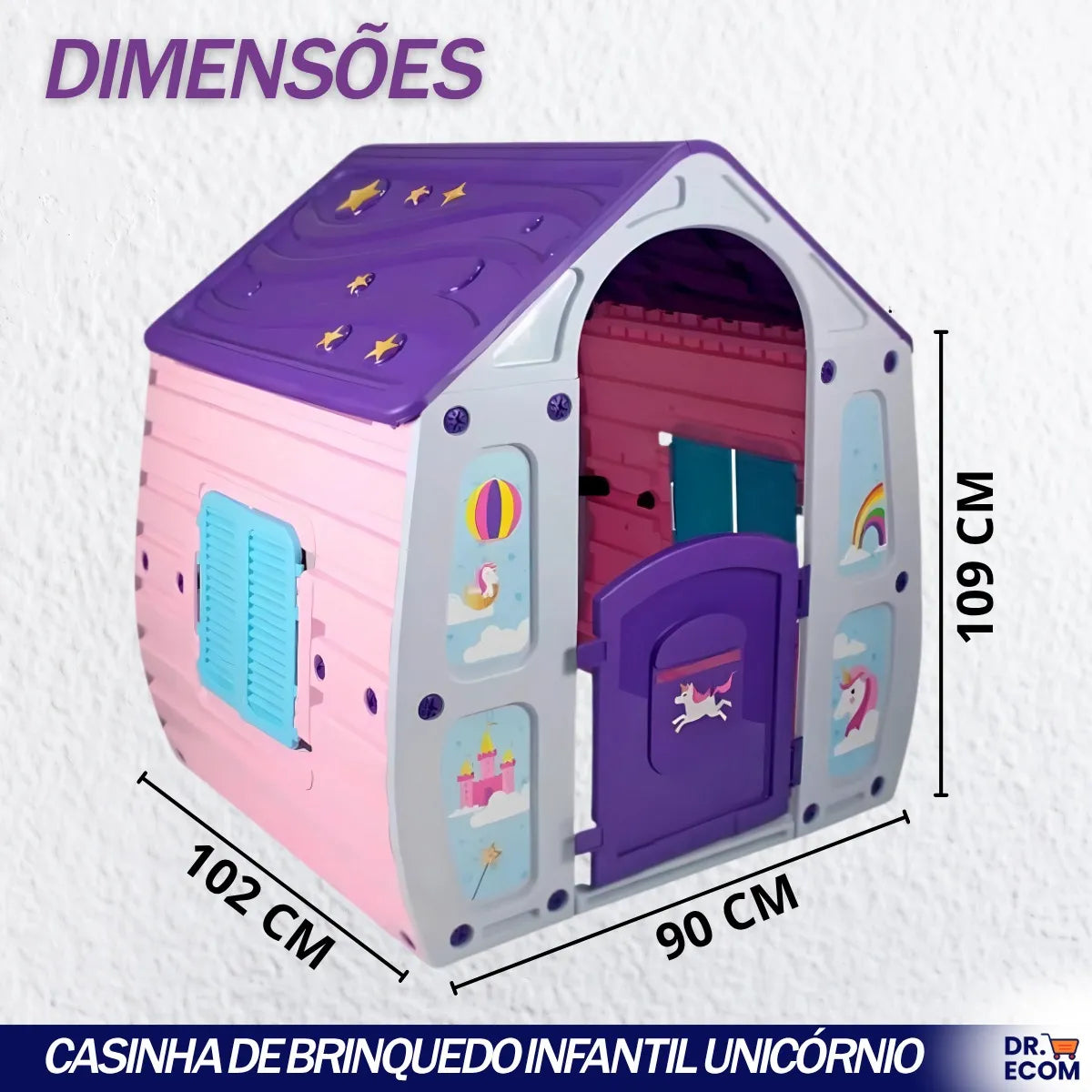 Casinha De Brinquedo Infantil Unicórnio Com Duas Janelas Laterais Que Abrem E Fecham 2 Portas
