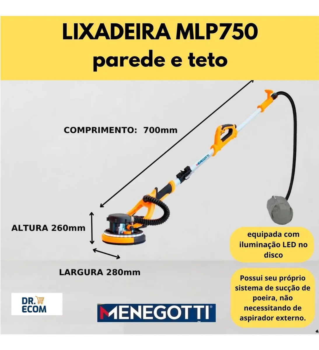 Lixadeira Telescópica Parede Teto 750w Mlp750 Menegotti