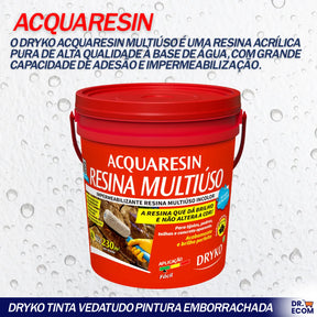 Resina Acrílica Multiuso Base D'agua Impermeabilizante 18kg Rende 230m2 Acquaresin Dryko Não Amarela Ambiente Interno E Externo, Secagem Rapida, Leve Brilho