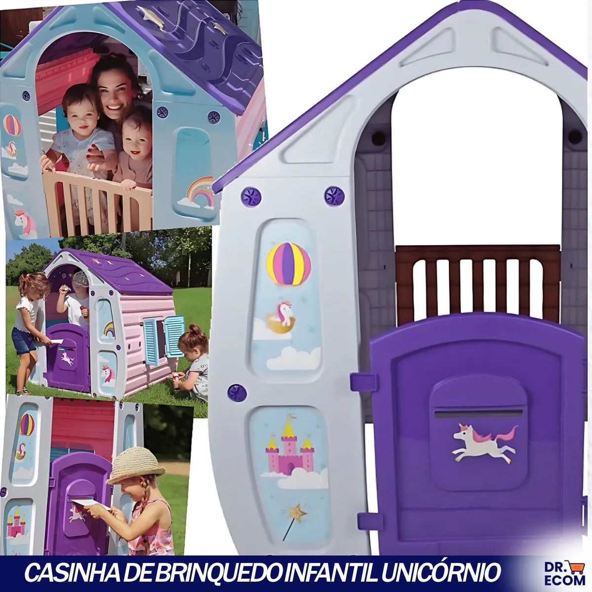 Casinha De Brinquedo Infantil Unicórnio Com Duas Janelas Laterais Que Abrem E Fecham 2 Portas