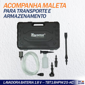 Lavadora A Bateria 18v 4ah Toyama Com Maleta Porta Sabão 6 Tipos De Jato 25bar 3.3l/min Reser 1.5l Mangueira 5m C Filtro Baterias Intercambiáveis C Makita