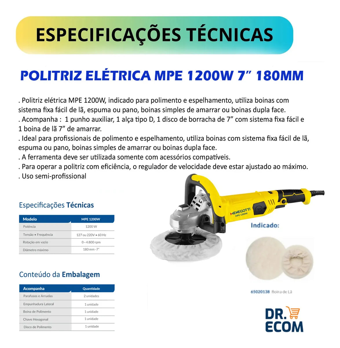 Politriz De Mão Profisssional Mpe 1200w Menegotti 127v/220v