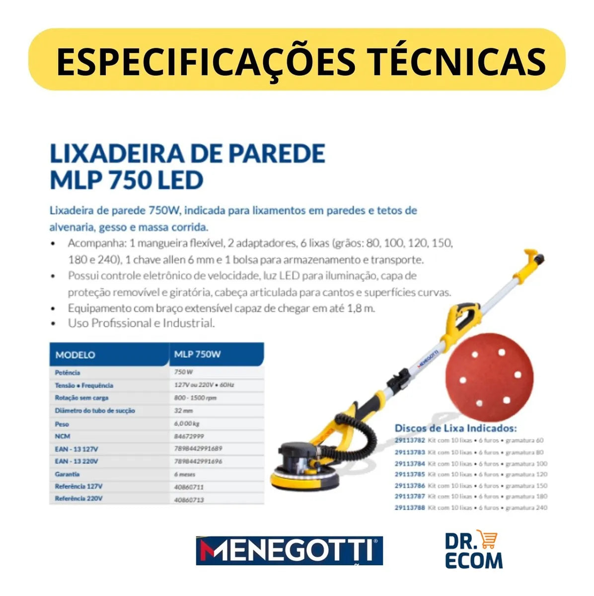 Lixadeira Telescópica Parede Teto 750w Mlp750 Menegotti