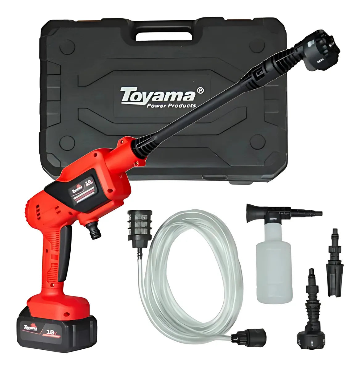 Lavadora A Bateria 18v 4ah Toyama Com Maleta Porta Sabão 6 Tipos De Jato 25bar 3.3l/min Reser 1.5l Mangueira 5m C Filtro Baterias Intercambiáveis C Makita